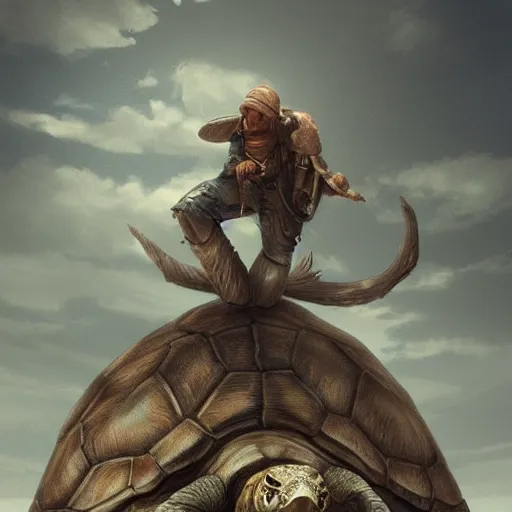 Image similar to people standing over a giant turtle, digital art, artstation, render