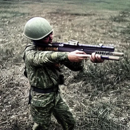 Image similar to “ a hamster dressed in military camo in the vietnam war, firing its m 1 6, action shot, highly detailed, film photograph ”