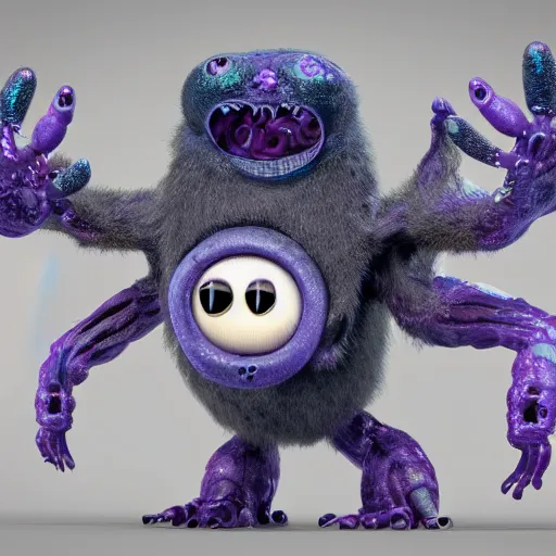 Image similar to cute furry alien creature with many eyes, many arms, many legs with radial symmetry detailed character concept 3 d pixar style render 4 k