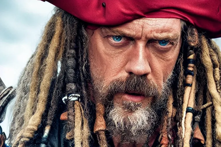Image similar to promotional image of hugh laurie as a gritty pirate captain in the new Pirate of the Carribean movie, dark stormy weather, detailed face, movie still frame, promotional image, imax 70 mm footage