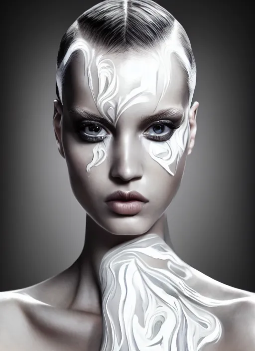 Prompt: a fierce nubile young woman with reflections in her eyes and slicked hair, painted with intricate white paint pattern, clear skin, futuristic, elegant, graceful, fashionable, cinematic, hyperdetailed illustration by irakli nadar and alexandre ferra, depth of field, global illumination,