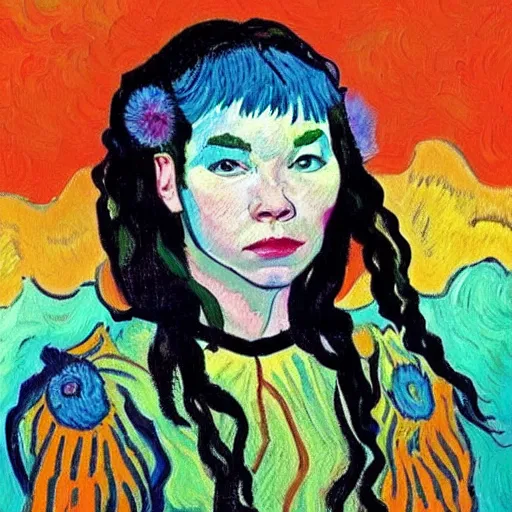 Image similar to very very very detailed and colorful portrait of bjork, painted by van gogh, beautiful