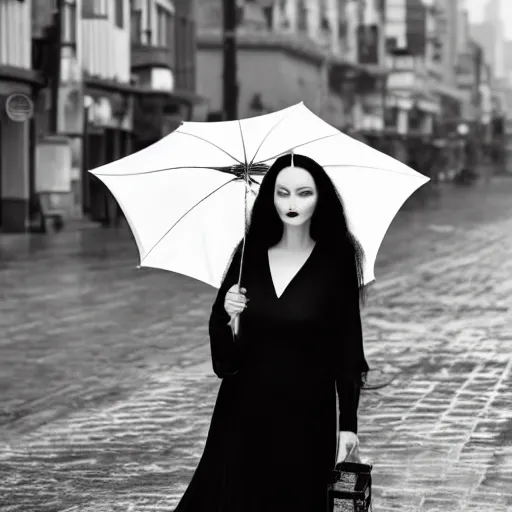 Prompt: morticia addams holding a parasol during a [ humid, rainy day ] as she saunters across the city, closeup!!!, trending on artstation, 4 k photorealism, unsplash, shot by jimmy nelson