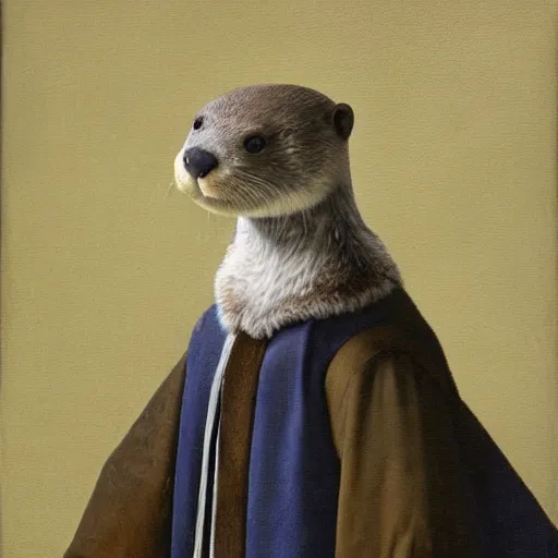 Image similar to oil painting of an anthropomorphic otter in military uniform, amazing detail, painted by johannes vermeer