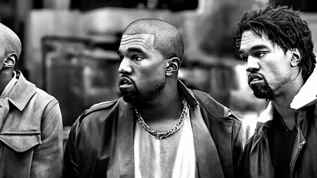 Prompt: A photo of Fivio Foreign and Kanye West in a Quentin Tarantino movie, 8K concept art, black and white, UHD realistic faces, high definition, detailed