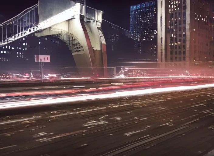 Image similar to futuristic metro train drives on bridge over busy nyc street full of cars at night, cinematic lighting, still photo