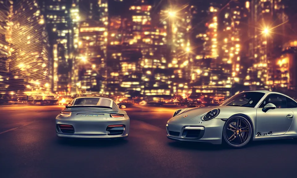 Image similar to photo of a porsche 911 at night in a city, dof, chromatic aberration, cinematic, 4k