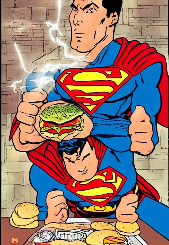 Image similar to superman eating a hamburger in his fortress of solitude