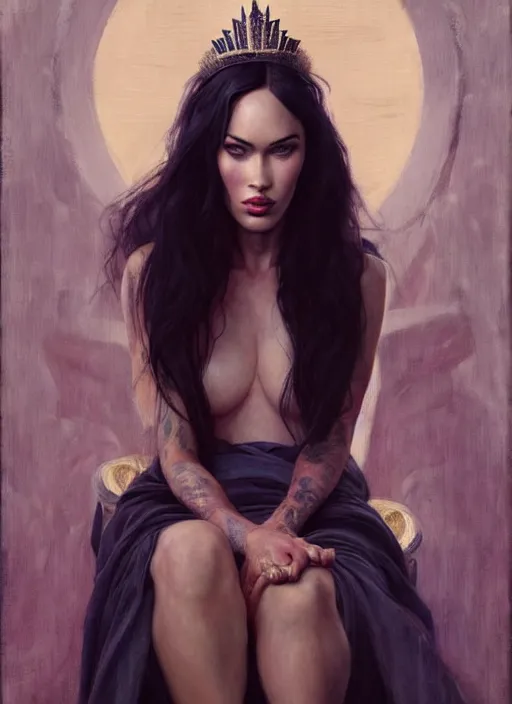 Prompt: megan fox dressed like a queen on a throne, calm, fantasy character portrait, dynamic pose, above view, artwork by jeremy lipkin and giuseppe dangelico pino very coherent asymmetrical artwork, sharp edges, perfect face, simple form, 1 0 0 mm