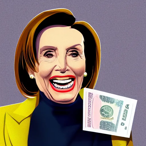 Image similar to nancy pelosi laughing while holding a giant bag filled with money, trending on artstation, detailed illustration