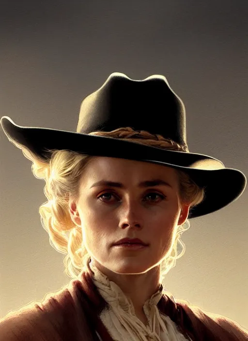 Prompt: portrait of dolores from westworld, cowboy, 1 8 9 0, western, hat, colt intricate, headshot, highly detailed, digital painting, artstation, concept art, sharp focus, cinematic lighting, illustration, art by artgerm and greg rutkowski, alphonse mucha, cgsociety