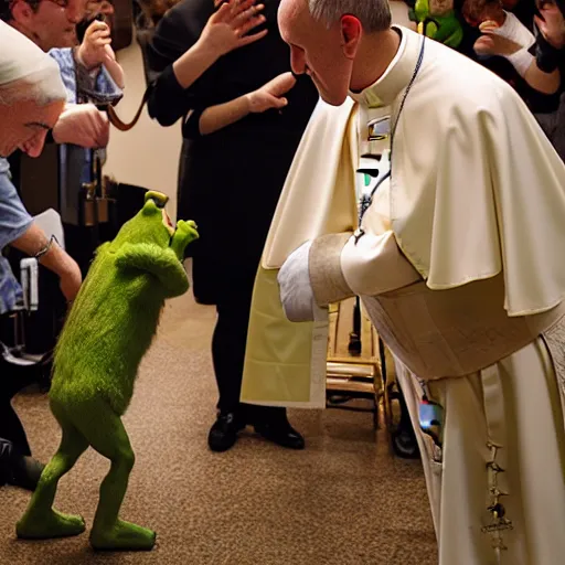 Prompt: shrek kisses the pope's hand. photojournalism, wide angle lens, extremely detailed face, new york times cover, studio lighting