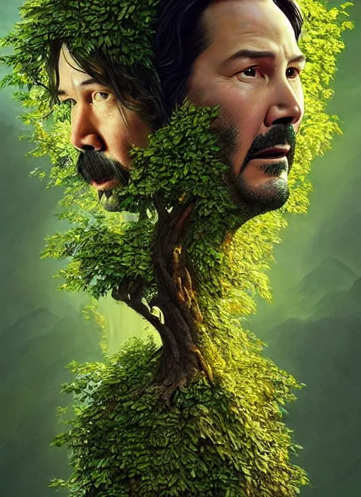 Image similar to highly detailed comedy caper movie poster with silly wacky zany keanu reeves as a sentient pile of leaves, keanu reeves green face as tree sentient leafy bush by greg rutkowski, masterpiece, really funny, 1 0 / 1 0 comedy