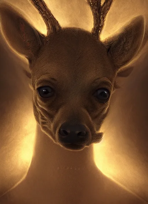 Prompt: deer chihuahua huge ominous glowing brown eyes staring into my soul, perfect eyes, soft pale golden skin, intricate stunning highly detailed, Agostino Arrivabene, Tomasz Strzalkowski, twisted bright lucid dream, 8k portrait render, angel wings, swirling thick smoke , beautiful lighting, dark fantasy art, cgsociety