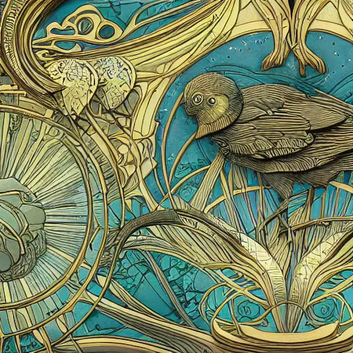 Prompt: excited birds life fantasycore landscape, precise and intricate linework, art nouveau cosmic 4 k detailed matte illustration featured on cgsociety, cgsociety, ivory and firebrick color scheme, pastiche by maurice esteve, pastiche by peter wells