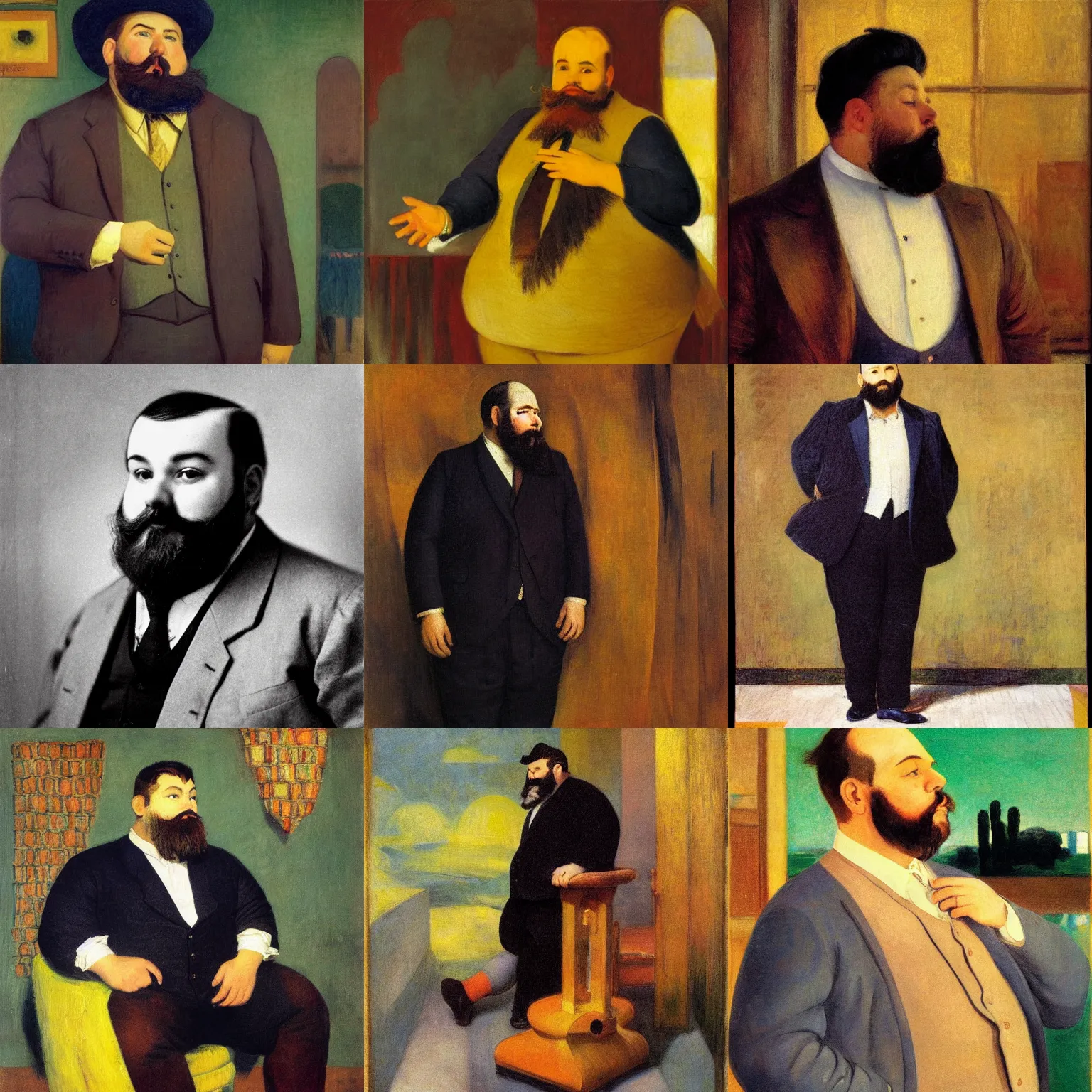 Prompt: portrait of a chubby bearded young man, 🤔, tailored clothing, golden aura, painting by Franz Marc, by Jean-Léon Gérôme, by Winsor McCay, today's featured photograph, 16K