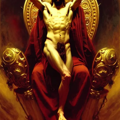 Image similar to full body portrait of blinfolded!!!! jesus christ sitting on a throne of entwined bodies, elegant, highly detailed painting by gaston bussiere, craig mullins, j. c. leyendecker, 8 k, mid shot