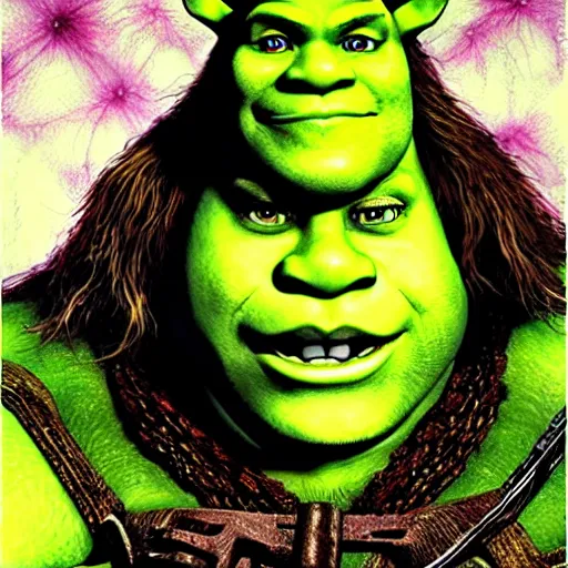 Prompt: portrait of Shrek, by Ayami Kojima. Award winning Castlevania art.