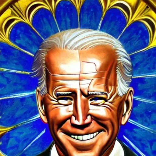 Image similar to a church mural of joe biden as a god, 4 k, highly detailed, painted by michelangelo