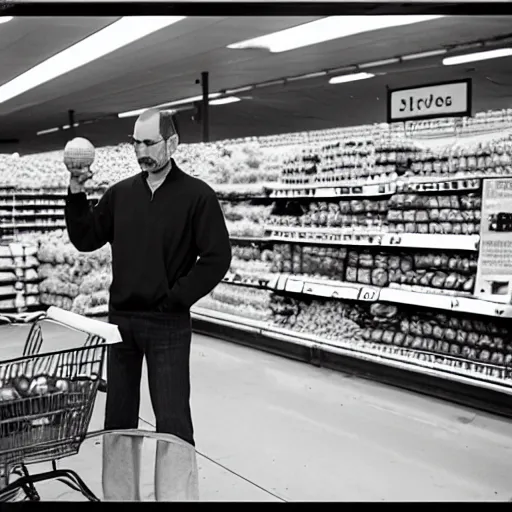 Prompt: Steve jobs selling apples on a supermarket, 35mm lens