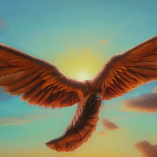 Image similar to a job offer with wings, flapping its wings flying in sunset sky, oil on canvas, portrait, intricate, 8k highly professionally detailed, HDR, CGsociety