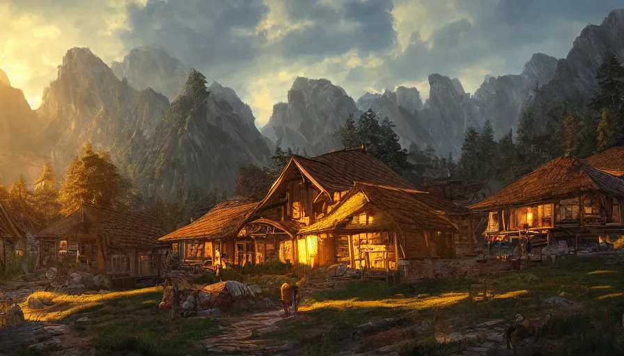 Prompt: village built at the foot of humongous mountain, forest and lakes around, sunset, hyperdetailed, artstation, cgsociety, 8 k