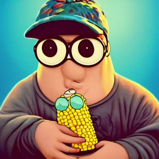 Image similar to Lofi peter griffen from family guy with corn, Pixar style, Tristan Eaton, Stanley Artgerm, Tom Bagshaw