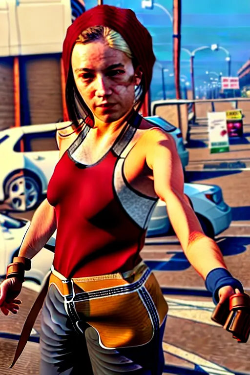 Image similar to A cute spaghetti-girl thief protagonist with leather-strap-armor and ninja weapons in GTA 5