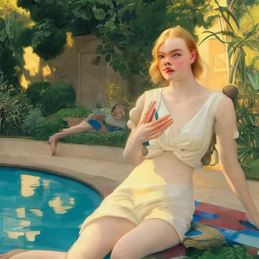 Image similar to Elle Fanning, next to a pool, golden hour, in a garden, artstation, by J. C. Leyendecker and Peter Paul Rubens,