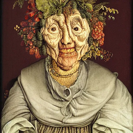 Prompt: a portrait of a old woman by arcimboldo.