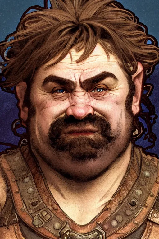 Image similar to head and shoulders portrait of a dwarf adventurer, jovial, scarred lip, grandfatherly, leather armor, male, tavern background, high fantasy, d & d, by alphonse mucha, face details, extremely detailed, digital illustration