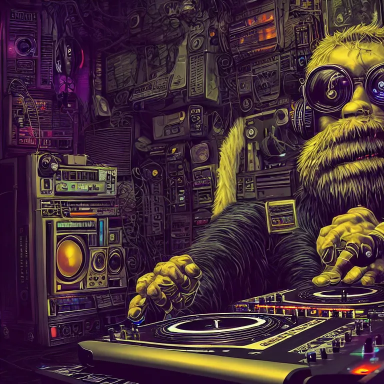 Image similar to a photograph portrait of an anthropomorphic cyberpunk bigfoot dj at the turntables spinning records, detailed render, tape deck, boombox, headphones, epic composition, cybernetics, 4 k realistic, cryengine, realistic shaded lighting, sharp focus, masterpiece, by matteo scalera, gary montalbano, peter elson in the style of the tokyo ghost comic