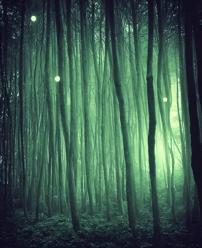 Image similar to “ dense dead forest with glowing orbs ”