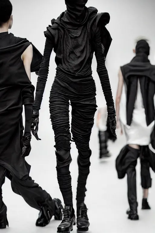 Image similar to beautiful androgynous high fashion avant garde techwear look and clothes, we can see them from feet to head, highly detailed and intricate, luxury, cinematic, rick owens, yohji yamamoto, y 3, outfit photo, hot on r / streetwear, trending on artstation,
