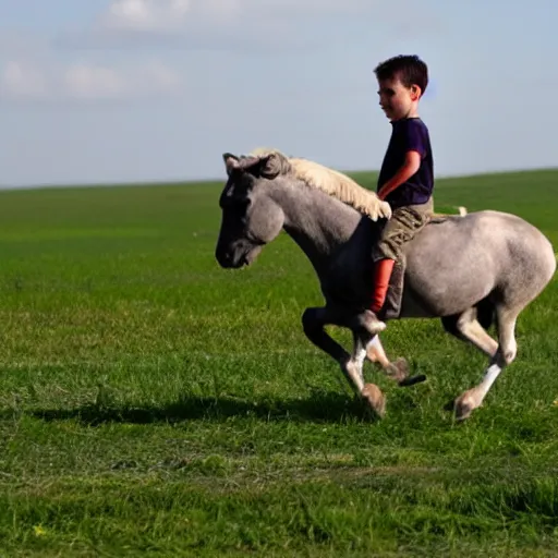 Prompt: a little boy was flying across a herd of galloping horses.