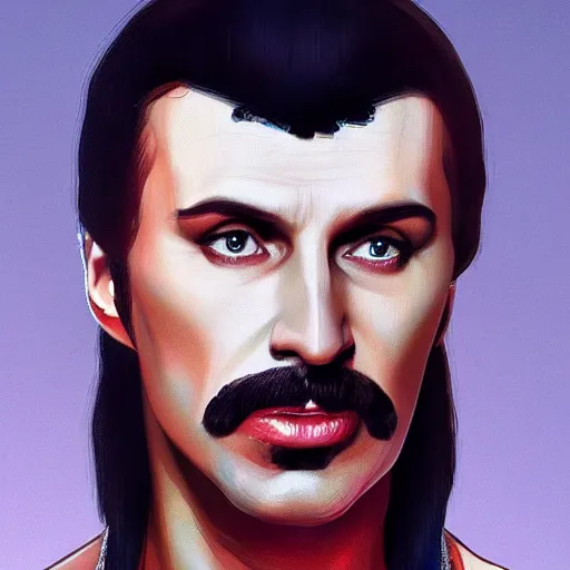 Image similar to Vladimir Putin as Freddy Mercury from Queen, portrait, highly detailed, digital painting, artstation, concept art, smooth, sharp focus, illustration, cinematic lighting, art by artgerm and greg rutkowski and alphonse mucha