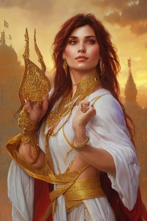 Image similar to ashtar sheeram portrait, detailed, 8 k, trending on artstation, smooth, sharp focus artwork by mark arian, artgerm, mark keathley, greg rutkowski and alphonse mucha