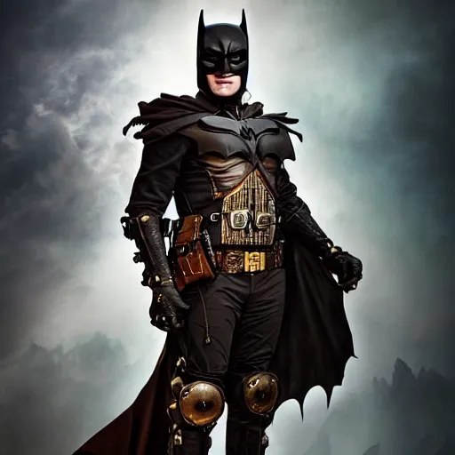 Image similar to epic portrait of a steampunk batman, movie still, cinematic, beautiful lighting, beautiful composition, illustration, digital matte painting, D&D, fantasy, intricate