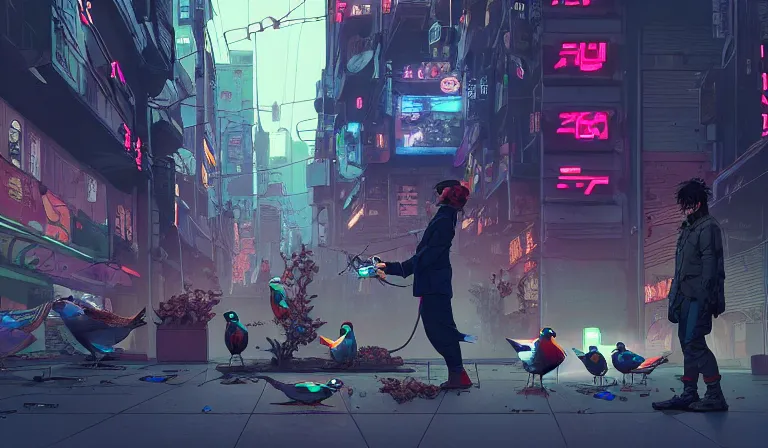 Prompt: cyborg feeding electric pigeons at a dirty crowded streetcorner, cyberpunk, by Josan Gonzalez and Tomer Hanuka and Moebius and Brad Rigney and Greg Rutkowski, highly detailed, UHD, 8K, Ghost in the shell, Shadowrun, Blade Runner, Trending on artstation, bokh, dof