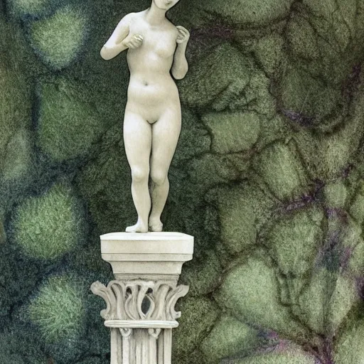 Image similar to delicate marble statue in a garden, stony, puffy, botanical herbarium paper, botanic, watercolor colored painting, pencil, iridescent colors, 8 k, realistic shaded, fine details, artstation, italian, colonnade, hydrangea, vines, gardena architecture, pompeii