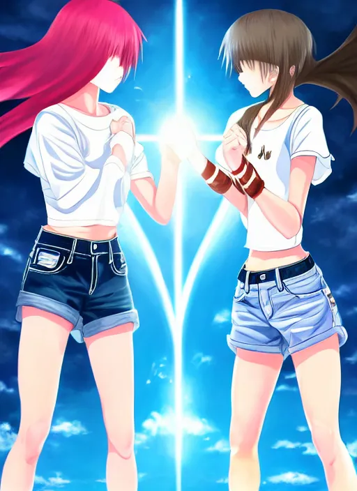 Prompt: two beautiful identical female fighters facing each other, jean shorts, white top, dim lighting, gorgeous features, high resolution, detailed anime art