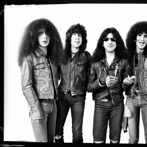 Prompt: Group of 19-year-old boys and girls with long permed wavy brown hair and afros, leather jacket and denim jeans, holding electric guitars, 1971, proto-metal, heavy rock, super 8mm film