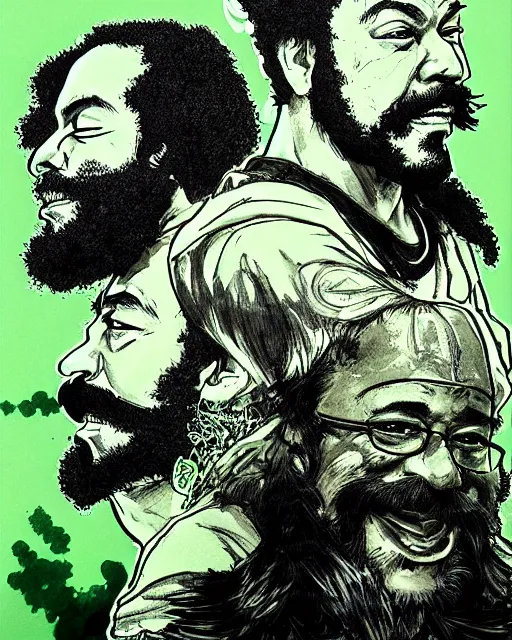 Image similar to portrait of cheech and chong, concept art, sumi - e style, intricate linework, green smoke, artstation, trending, highly detailed, smooth, focus, art by yoji shinkawa,