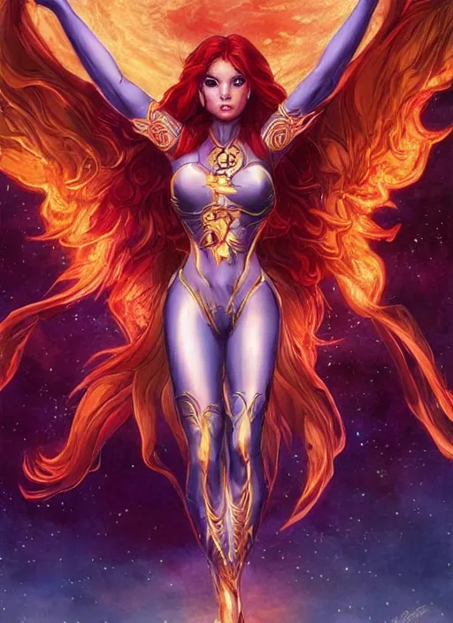 Image similar to front portrait hands behind body pose of attractive Starfire with ginger wavy hair, hands behind her body pose!, Intricate overlay flames imagery , D&D!, fantasy style, sharp focus!, ultra detailed, art by Artgerm and Peter Andrew Jones, WLUP