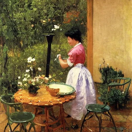 Image similar to a gorgeous housewife putting dishes on a table in the backyard, the table has a parasol, rainy scene, 1 9 5 0's, medium symmetry, by ilya repin, extreme detail, 8 k, intricate abstract, photorealistic