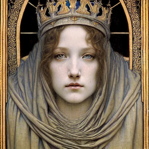 Image similar to detailed realistic beautiful young medieval queen face portrait by jean delville, gustave dore and marco mazzoni, art nouveau, symbolist, visionary, gothic, pre - raphaelite. horizontal symmetry