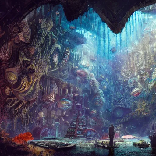 Image similar to Oil painting of underwater city, creepy fish, coral on walls, D&D, Magic The Gathering, by Craig Mullins, intricate details, light rays from the surface, Nekro, Victo Ngai, centered, symmetrical, volumetric lighting