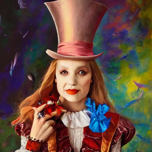 Prompt: A portrait of Alice from Wonderland, oil painting, majestic, detailed, high resolution