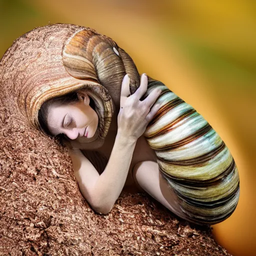 Prompt: professional dramatic photograph of a snail woman hybrid