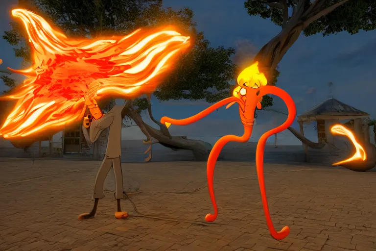 Image similar to squidward firebending outside at susnset, 3 d render